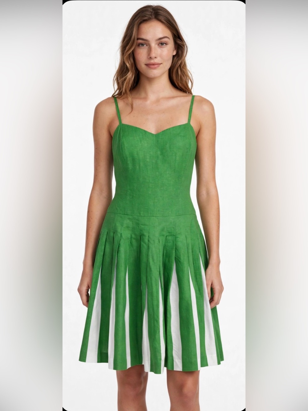 Boden Matilda Retro Green White Pleated Linen Cotton Blend Fit & Flare Dress 4R